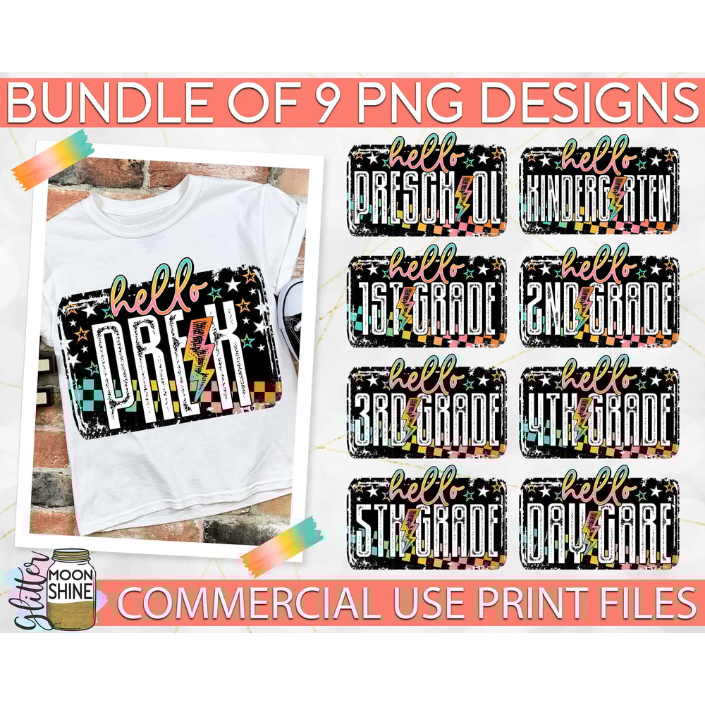 Hello Grunge Colorful School Grade Bundle of 9 PNG Print File for Sublimation Or Print, School Bundle, Teaching, Funny Teacher - 1.jpg