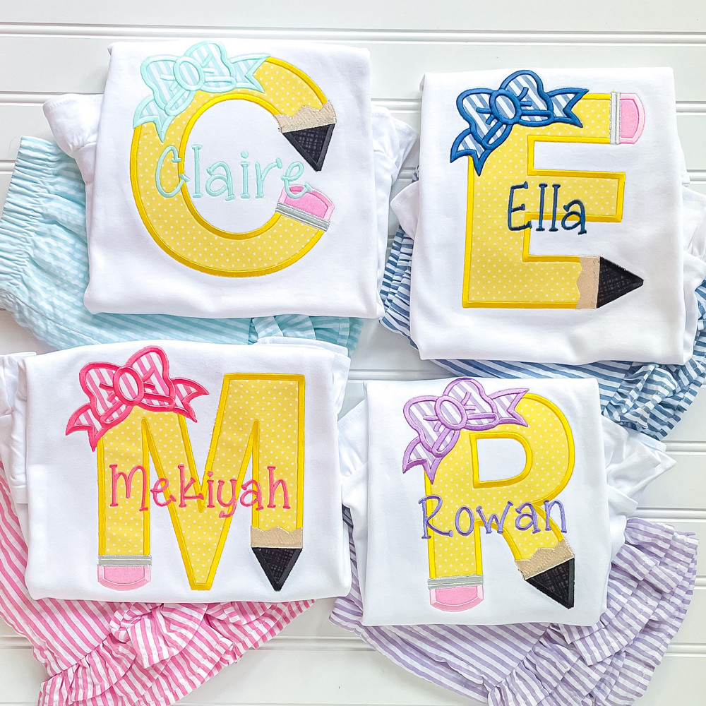 Embroidered Back to School Set, Applique Pencil Shirt, Personalized First Day of School Outfit, Pink Seersucker Ruffle Set - 1.jpg