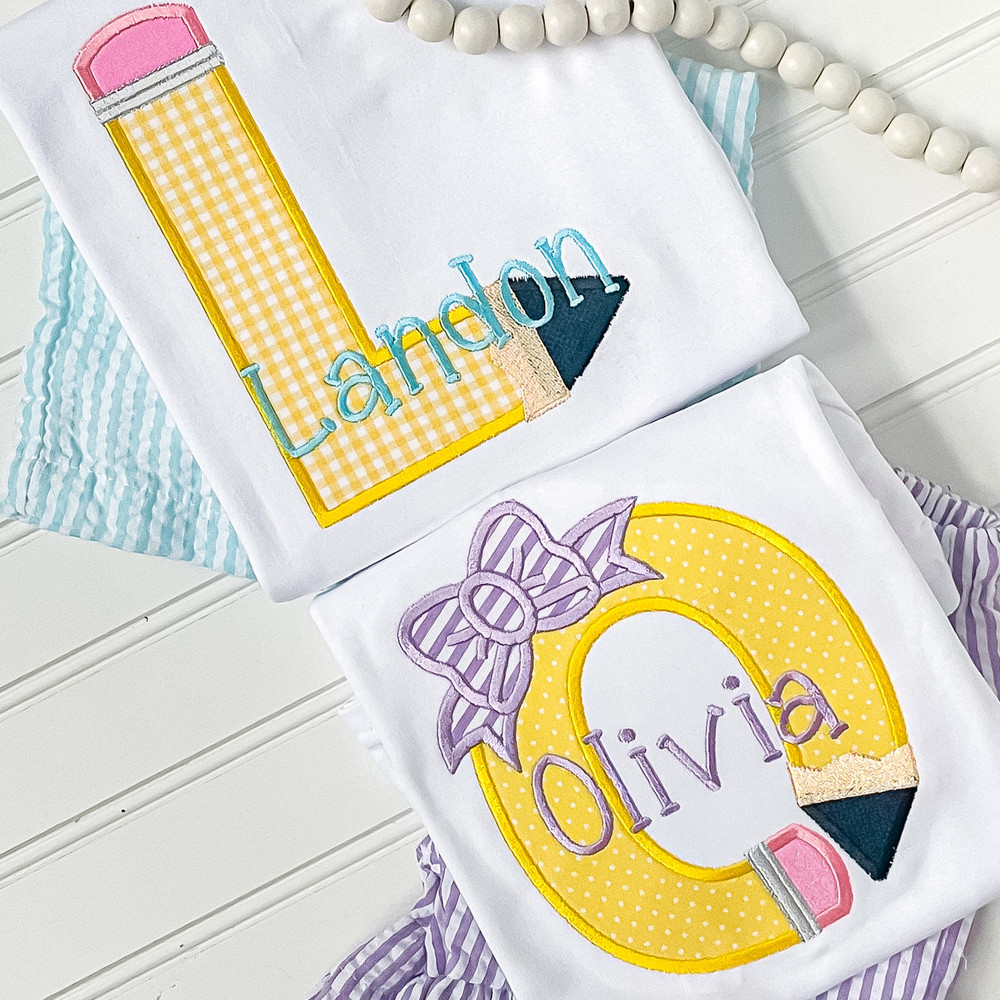 Embroidered Back to School Set, Applique Pencil Shirt, Personalized First Day of School Outfit, Pink Seersucker Ruffle Set - 7.jpg