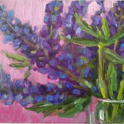 lupins painting, floral still life art, beautiful small bloom oil painting