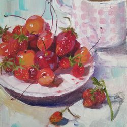 berries still life, fruit still life original oil painting, fine art tea cup