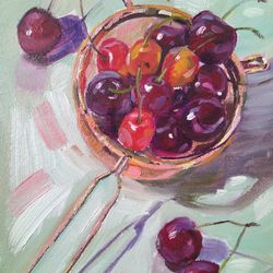 cherries still life, fruit still life original oil painting