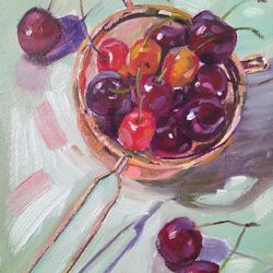 Cherries Still Life, Fruit Still Life Original Oil Painting