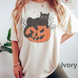 comfort colors black cat on pumpkin shirt, shirt for fall, black cat t-shirt, halloween black cat design, fall shirt, i