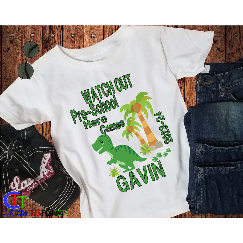 Dino Preschool shirt - 1st day of school shirt - Personalized Dinosaur Pre-school t-shirt Boys Custom Back to School shirt - 1.jpg