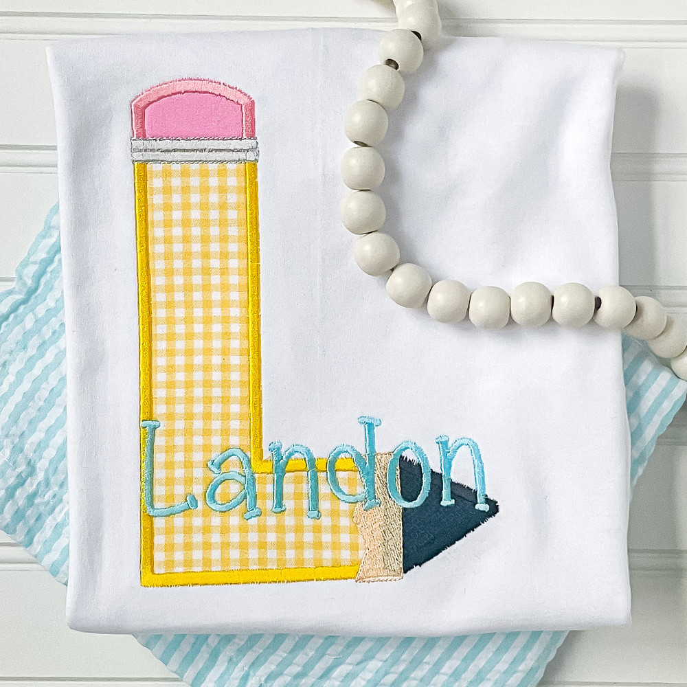 Embroidered Back to School Set, Applique Pencil Shirt, Personalized First Day of School Outfit, Pink Seersucker Ruffle Set - 8.jpg