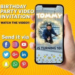 hockey birthday video invitation, hockey evite, hockey theme party, sports theme birthday, any age, video evite, boys