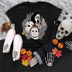 floral halloween horror movie shirt, halloween horror characters, ghostface halloween, retro halloween shirts