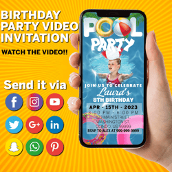 Animated Pool Party Birthday Invitation | Pool Birthday Evite Video | Pool Party Electronic Invitation | Canva Template