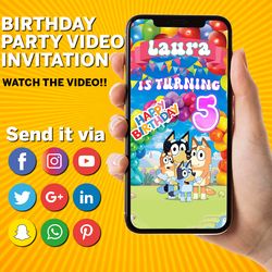 bluey video invitation for boy or girl, birthday animated invite, party celebration invitation for guests, bluey