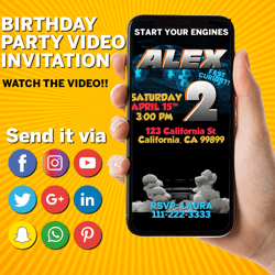 2 fast 2 curious birthday invitation, second birthday invitation, car racing invitation, video animated invitation