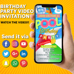 pool party video invitation, summer party video invite, canva template, digital invite, instant access, editable