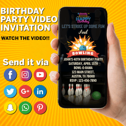 Bowling Party Video Invitation, Editable Bowling Text Invite, Canva Template, Digital Invite, Instant Access, Editable
