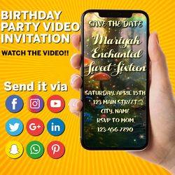 enchanted forest video invitation, magic fairy video invite, canva template, digital invite, instant access, editable