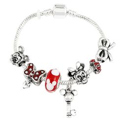 Cartoon Disney Jewelry Red Crystal Mickey Minnie Pendant Bead Bracelet Silver Color Charm Bracelet Pulsera Mujer