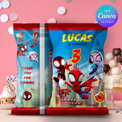 editable spidey and his amazing friends chip bag birthday party diy, sprint spider chip bag template canva editable