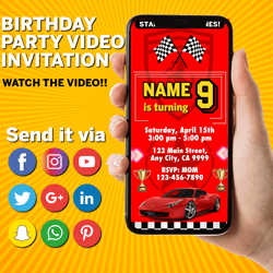 cars birthday video invitation, digital boy cars birthday party, animated race car mobile invite, instant download race