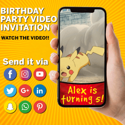 pokemon pikachu video invitation, pokemon pikachu invite, pokemon pikachu birthday, personalized video invitation