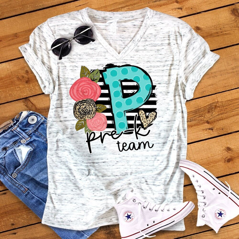 Pre K Team Back To School Preschool Pre Kindergarten Teacher Novelty Graphic Unisex V Neck Tee T-Shirt - 1.jpg