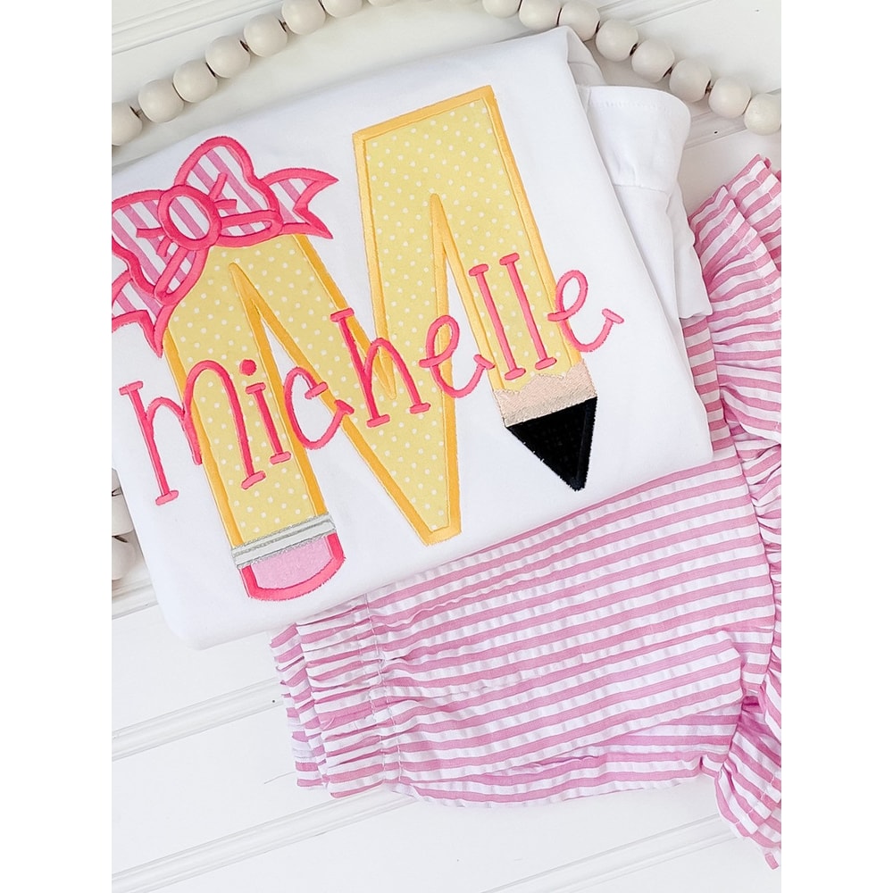 Embroidered Back to School Set, Applique Pencil Shirt, Personalized First Day of School Outfit, Pink Seersucker Ruffle Set - 2.jpg