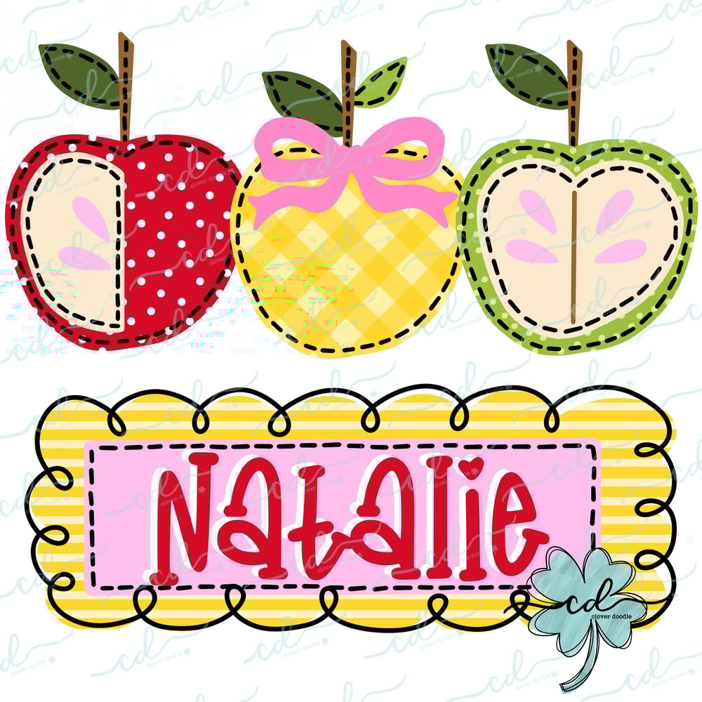 School Apple Trio Pink With Bow + Nameplate - CD - Faux Applique PNG, Digital Download for sublimation and printables - 1.jpg