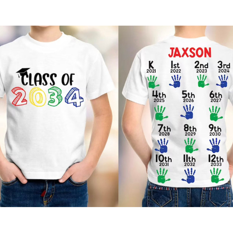 Customizable Hand Print Graduation Tee, Add Handprint Every Year, Preschool Shirt, Back To School Shirt, Class Of 2034 Personalized Shirt - 1.jpg