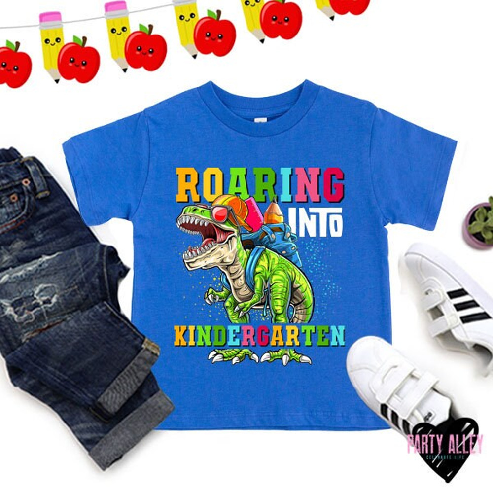 Roaring into kindergarten shirt  T-rex back to school tee  First day of school t-shirt  First day of kindergarten  T-rex with backpack - 3.jpg