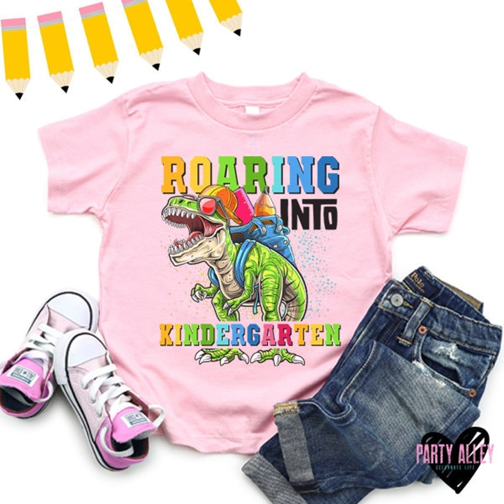 Roaring into kindergarten shirt  T-rex back to school tee  First day of school t-shirt  First day of kindergarten  T-rex with backpack - 4.jpg