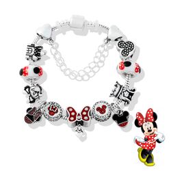 Disney Red Crystal Minnie Bowknot Charm Bracelets Bangles Cute Cartoon Animal Bead Bracelet DIY Jewelry for Girl