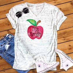 watercolor apple personalized back to school teacher novelty graphic unisex v neck graphic tee t-shirt