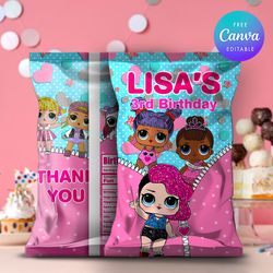 lol surprise birthday party chip bag diy, chip bag lol surprise template canva editable