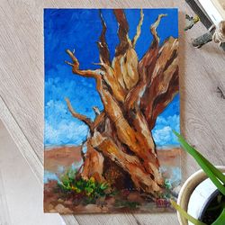Original Small Oil Painting  Dry wood
