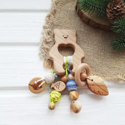 Wooden baby rattle toy bear with fish - keepsake postpartum gift - sensory toy for girl baby shower gift