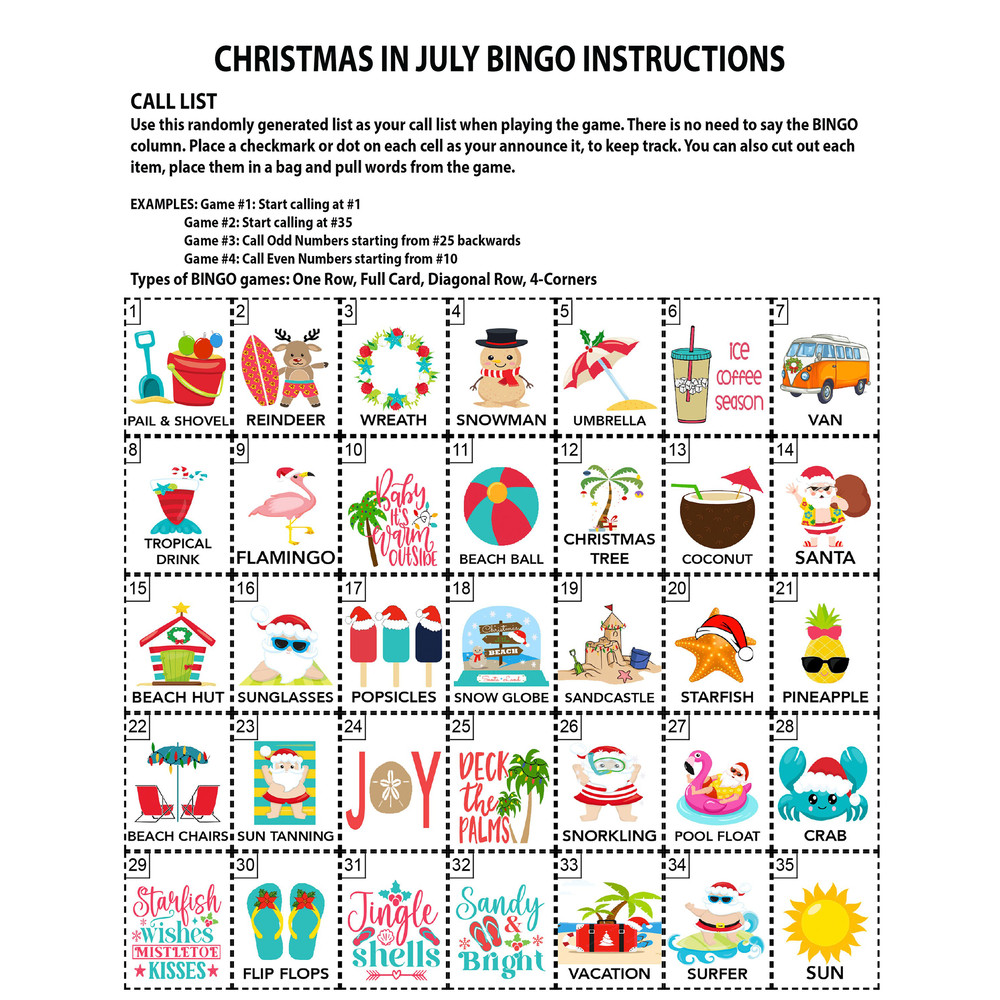 Christmas In July Game, Christmas in July Bingo, Party Game, For Adults and Kids, Printable Games, Instant Download, 30 Different Cards - 3.jpg