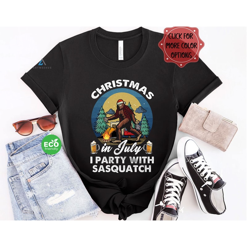Funny Christmas in July I Party with Sasquatch Tshirt, Vintage Bigfoot Camping and Drinking Beer Shirt, Gift for Camper - 1.jpg