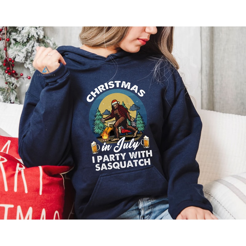 Funny Christmas in July I Party with Sasquatch Tshirt, Vintage Bigfoot Camping and Drinking Beer Shirt, Gift for Camper - 3.jpg