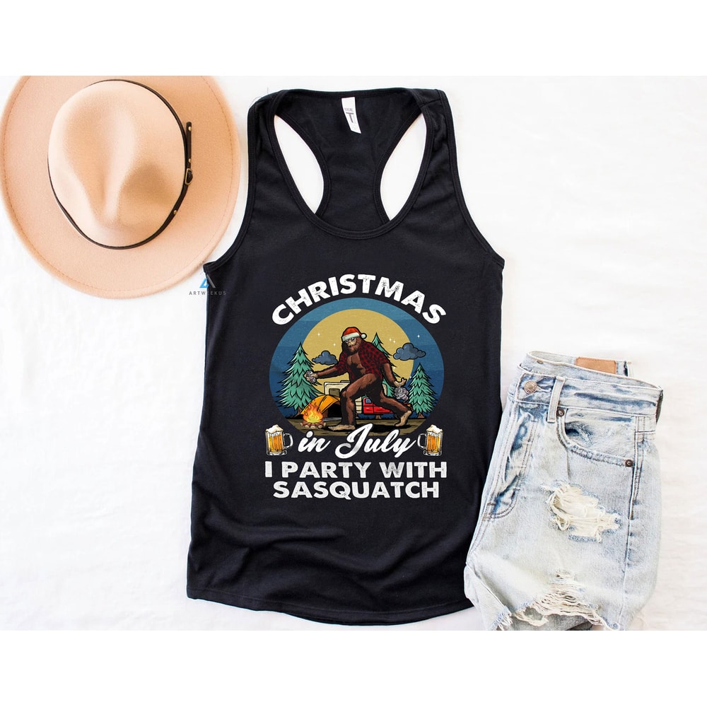 Funny Christmas in July I Party with Sasquatch Tshirt, Vintage Bigfoot Camping and Drinking Beer Shirt, Gift for Camper - 5.jpg
