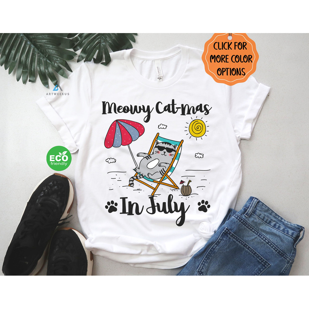 Meowy Cat-Mas in July Shirt, Funny Christmas in July Cat Shirt, Hawaiian Christmas Gift, Summer Christmas Shirt - 1.jpg