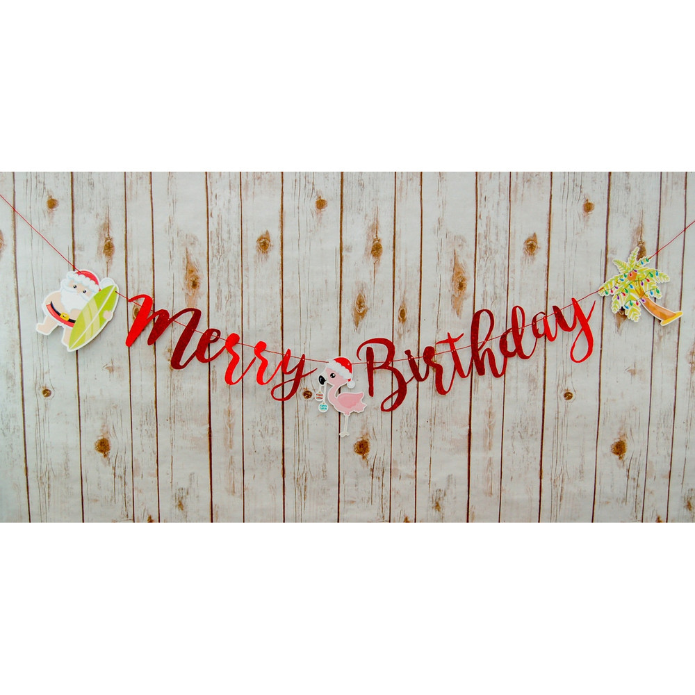 Merry Birthday Banner Customize the CharactersSaying, Christmas in July Party Supplies, Surfing Santa Birthday Ideas Fully Assembled - 1.jpg