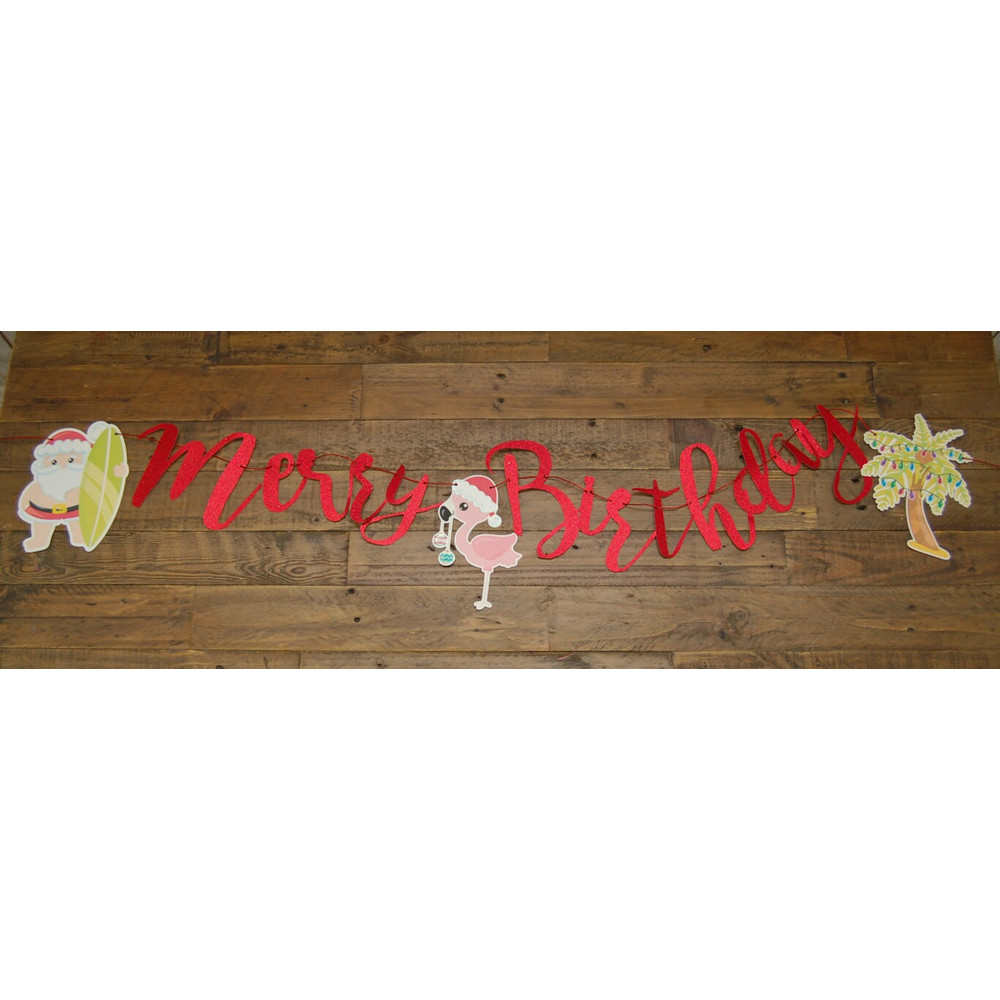 Merry Birthday Banner Customize the CharactersSaying, Christmas in July Party Supplies, Surfing Santa Birthday Ideas Fully Assembled - 2.jpg