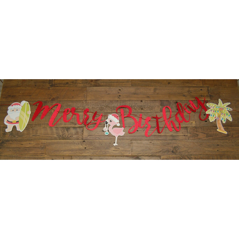 Merry Birthday Banner Customize the CharactersSaying, Christmas in July Party Supplies, Surfing Santa Birthday Ideas Fully Assembled - 2.jpg