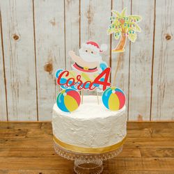 merry birthday custom cake topper: choose your characters/saying, surfing santa birthday ideas, christmas in july theme