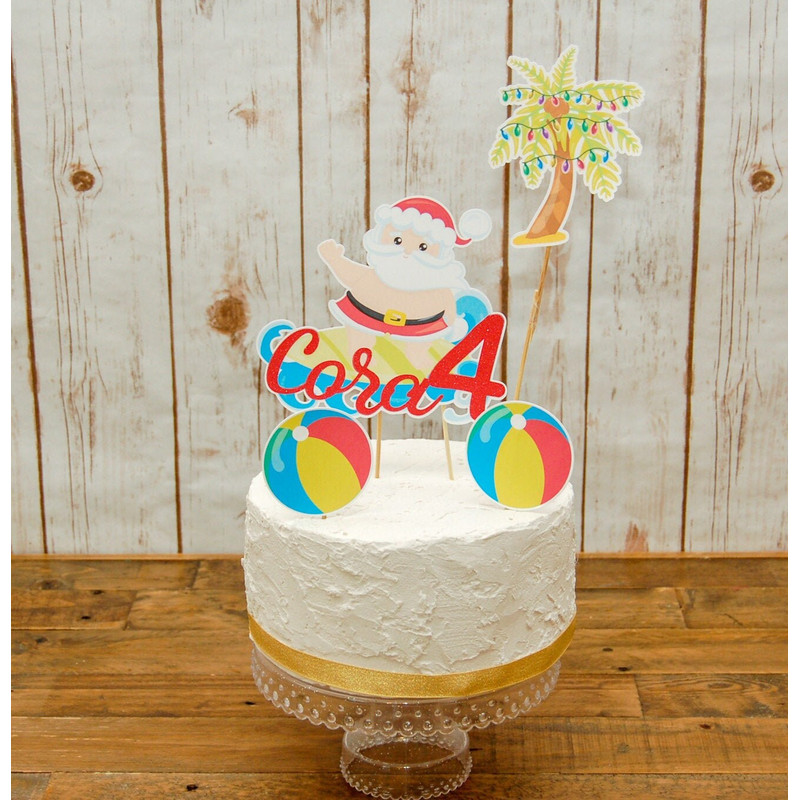 Merry Birthday Custom Cake Topper Choose Your CharactersSaying, Surfing Santa Birthday Ideas, Christmas in July Theme  Fully Assembled - 1.jpg