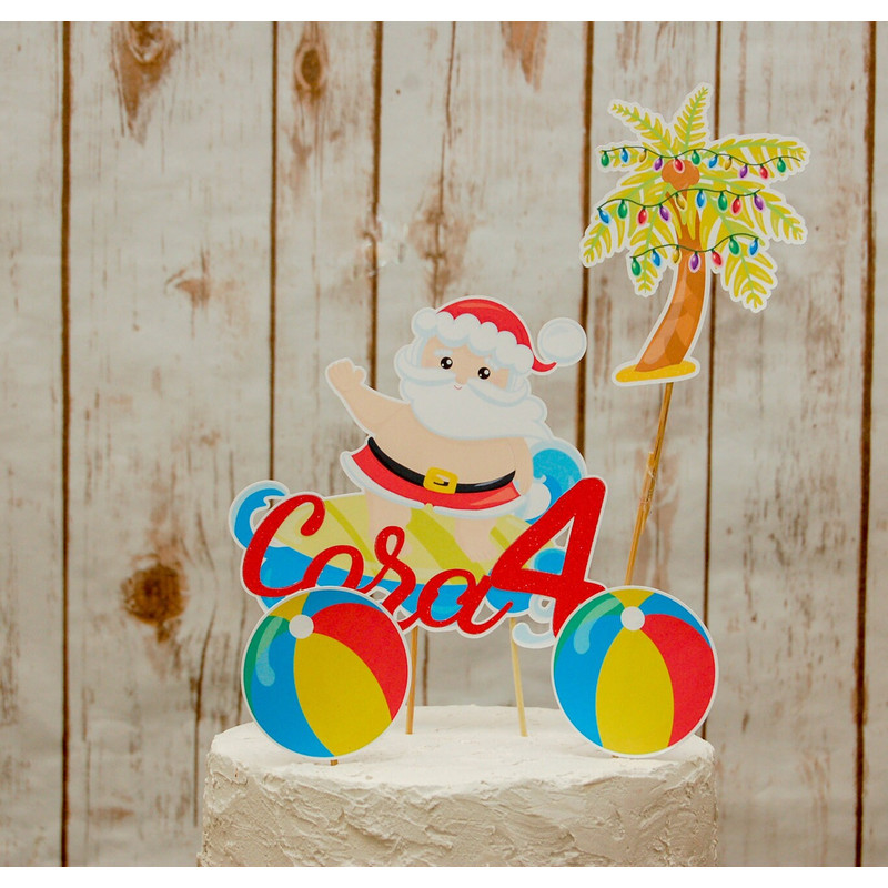 Merry Birthday Custom Cake Topper Choose Your CharactersSaying, Surfing Santa Birthday Ideas, Christmas in July Theme  Fully Assembled - 2.jpg