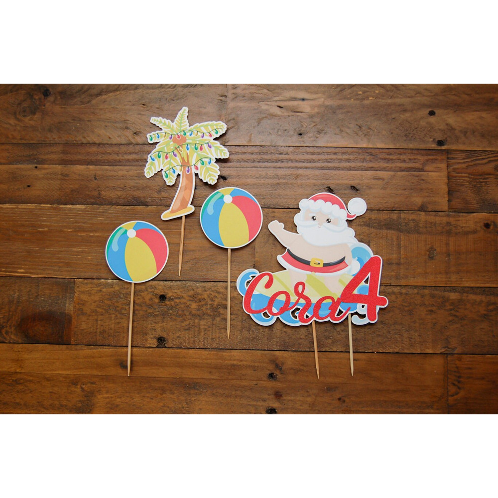 Merry Birthday Custom Cake Topper Choose Your CharactersSaying, Surfing Santa Birthday Ideas, Christmas in July Theme  Fully Assembled - 3.jpg
