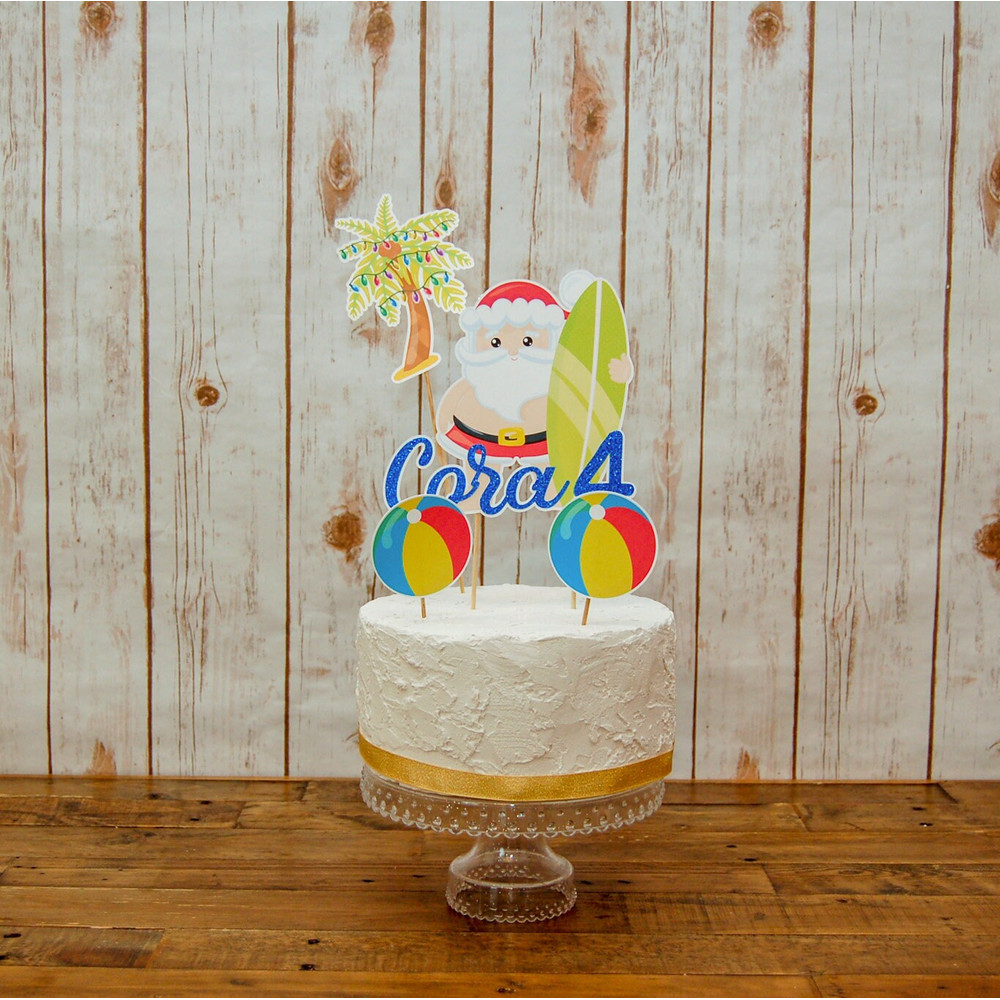 Merry Birthday Custom Cake Topper Choose Your CharactersSaying, Surfing Santa Birthday Ideas, Christmas in July Theme  Fully Assembled - 6.jpg