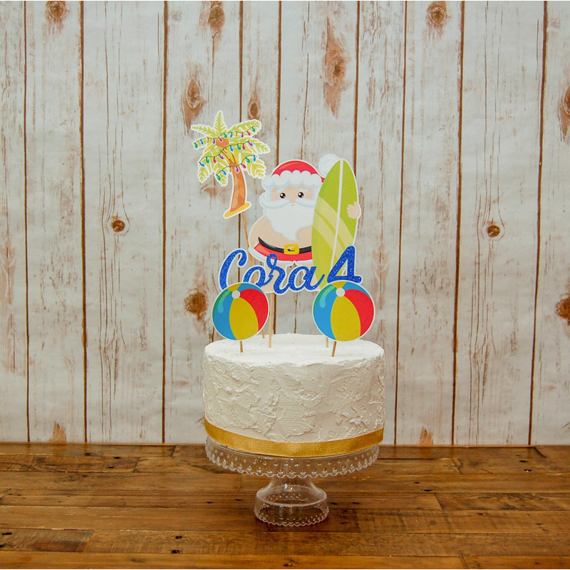 Merry Birthday Custom Cake Topper Choose Your CharactersSaying, Surfing Santa Birthday Ideas, Christmas in July Theme  Fully Assembled - 6.jpg