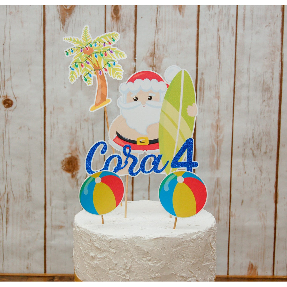 Merry Birthday Custom Cake Topper Choose Your CharactersSaying, Surfing Santa Birthday Ideas, Christmas in July Theme  Fully Assembled - 7.jpg