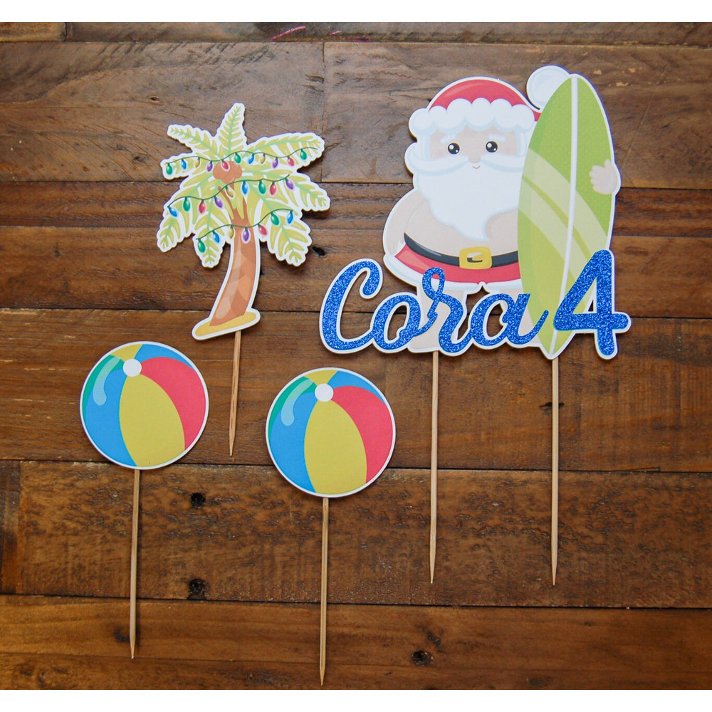 Merry Birthday Custom Cake Topper Choose Your CharactersSaying, Surfing Santa Birthday Ideas, Christmas in July Theme  Fully Assembled - 8.jpg
