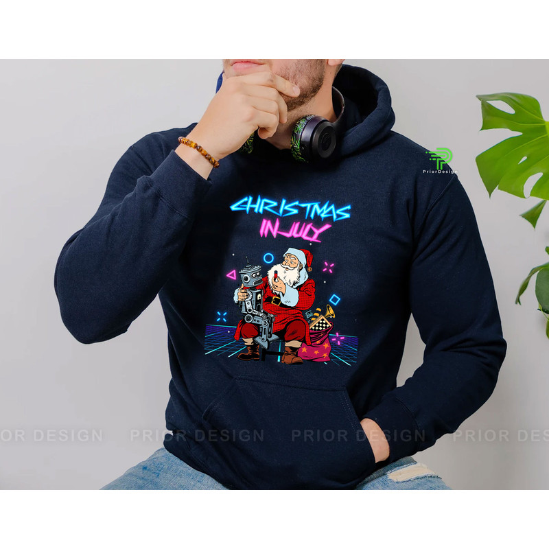 Retro Cyberpunk Santa Clause July Christmas Tshirt, 80s Futuristic Santa and Robot Xmas in July Shirt, Tropical Hawaiian Christmas Tee - 4.jpg